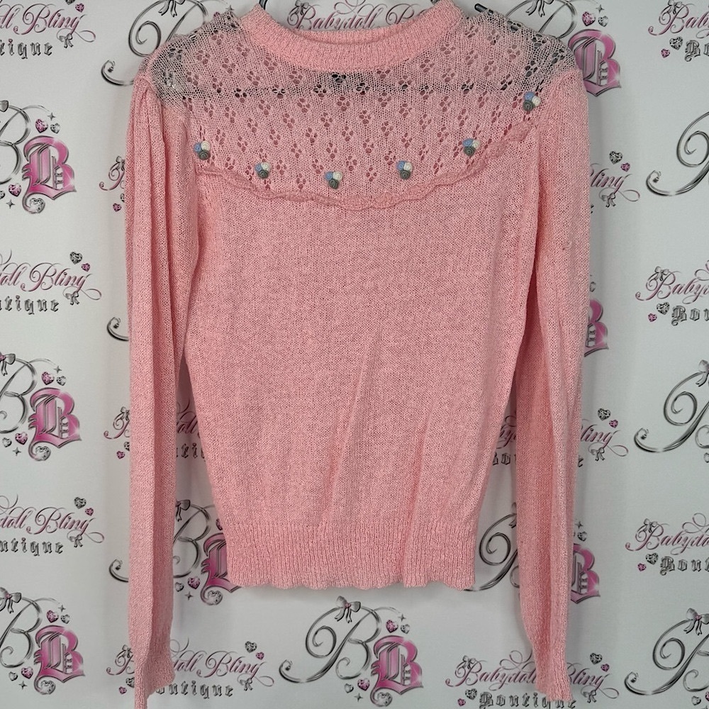 Chorus line sweater knit crochet embroidered floral details Pink Knit Sweater